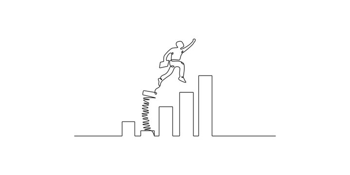 Continuous one line drawing of businessman jumping from a spring over a bar chart showing financial growth and company success.