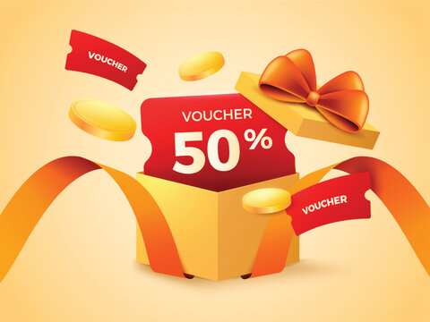 Yellow and red 3d voucher pop up from gift box with golden money flying and ribbon