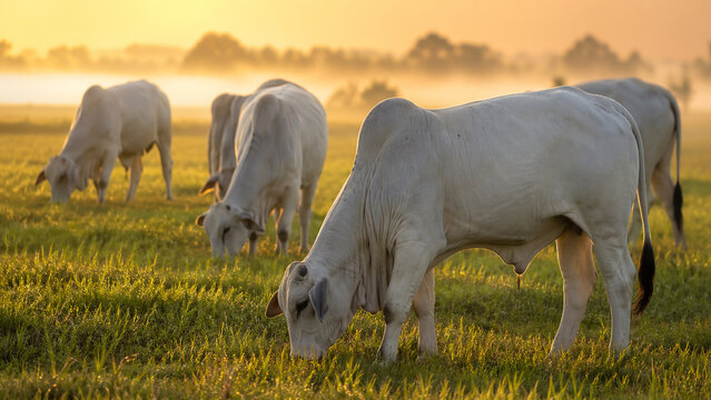 Gado Nelore pastando ao amanhecer em fazenda