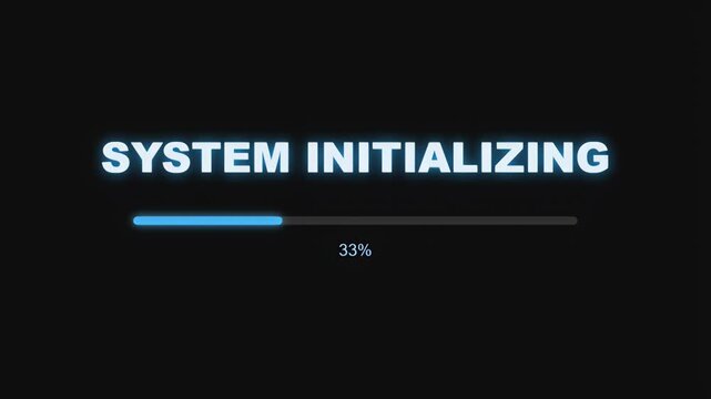 Digital screen displaying system initializing text with a blue glowing progress bar and percentage counter