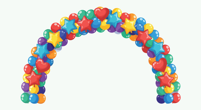 A colorful arch of balloons and stars