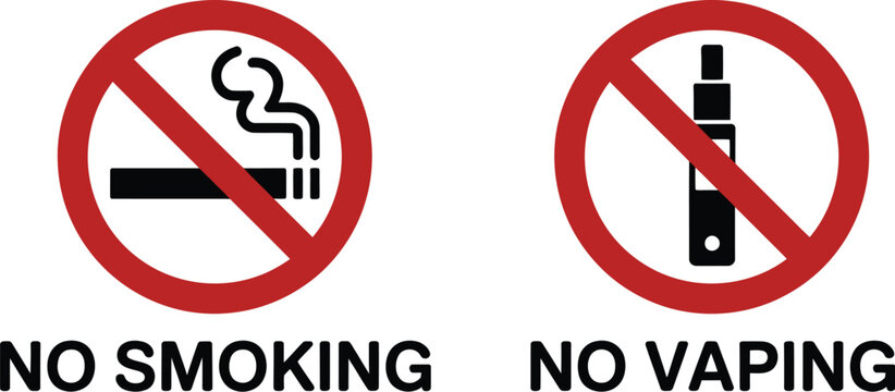 No smoking no vaping prohibition signs vector illustration with cigarette and e cigarette symbols in red warning circle for public safety use
