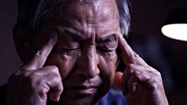 Elderly Man Meditating While Holding Temples, Deep In Thought, Dramatic Portrait