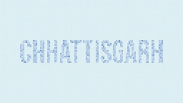 Chhattisgarh, India dotted map animation. Digital style shape of the state. Chhattisgarh, India shape and title dots appear with bulb flickering effect. Modern Intro, outro, title, logo video.