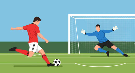 Obraz premium Soccer player kicking ball towards goal, goalkeeper ready to save