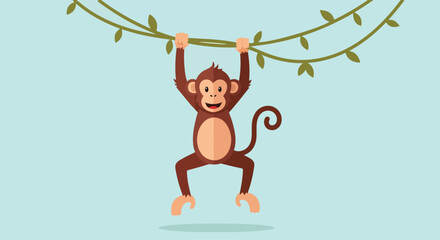 A cartoon monkey hanging from a vine with a light blue background © Jeremy