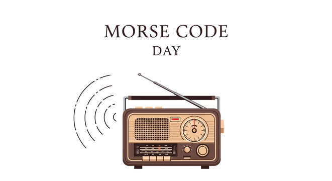 Vintage communication technology is celebrated on Morse Code Day with a vector illustration featuring a classic radio emitting a dot dash signal, set against a clean white background using
