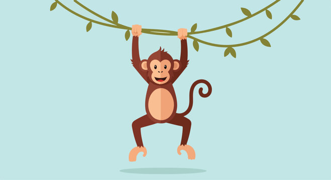 A cartoon monkey hanging from a vine with a light blue background