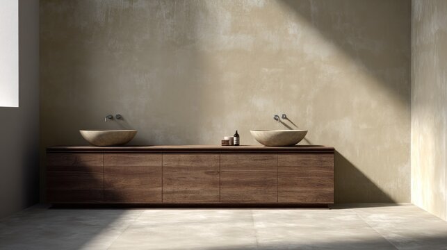 Modern bathroom interior with wooden vanity and stone sinks