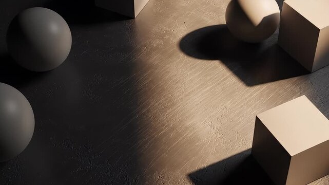 Abstract 3D render of geometric shapes spheres and cubes in neutral colors with dramatic lighting and shadows