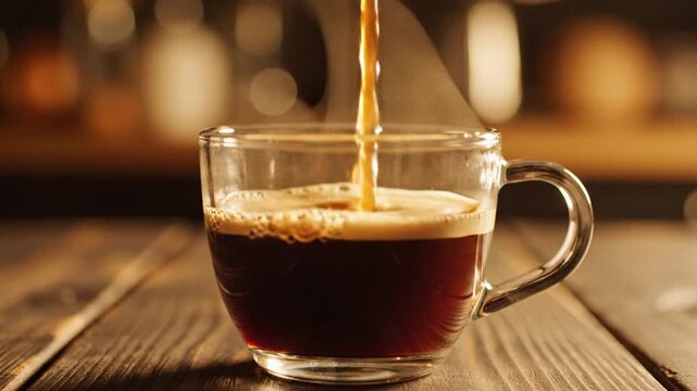 Fresh hot coffee pouring into glass mug on wood table