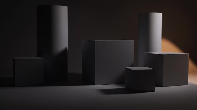 Abstract geometric composition of dark cubes and cylinders with dramatic light and shadow minimal studio setup