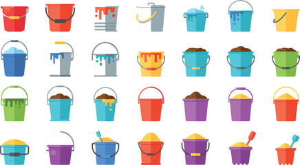 Colorful bucket collection with paint, water and sand variations, household cleaning and construction tools set in flat vector illustration isolated on white background © Khairul