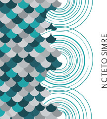 Abstract geometric pattern with blue and green fish scale shapes and thin circular line art design elements © SAIF820