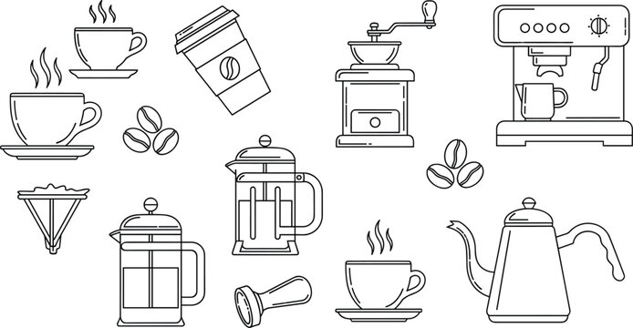 Coffee outline icon set with cups, grinder, french press, espresso machine and kettle, minimal line art collection for cafe and barista vector illustration