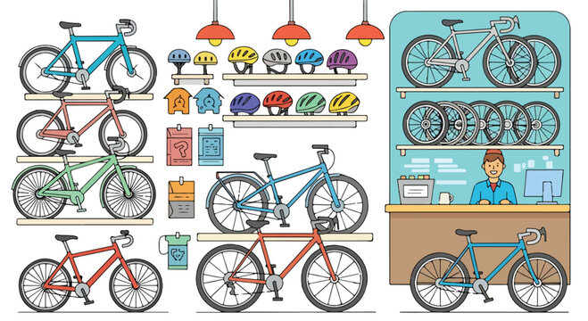 Colorful illustration of bicycles and cycling gear in a shop