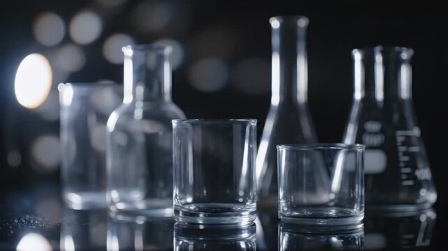 Assortment of clean empty laboratory glassware and beakers arranged on a reflective surface