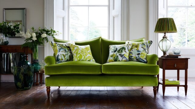 Elegant green sofa in bright interior with cushions and lamp