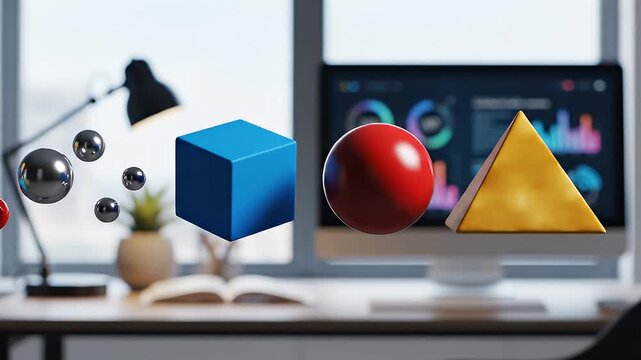 Blue cube red sphere and yellow triangle 3D rendered objects floating over desk with computer