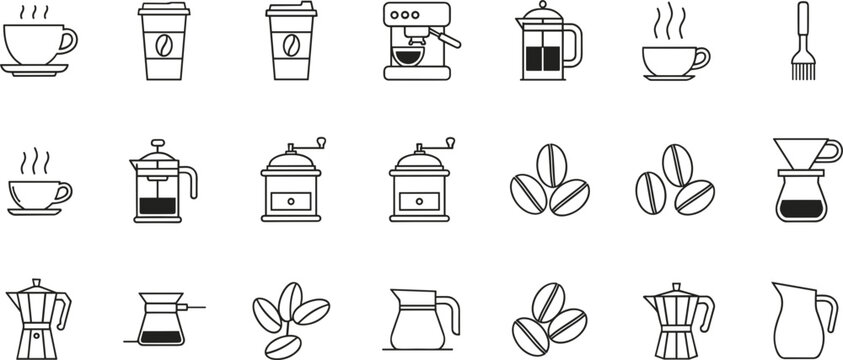 Coffee equipment outline icon set with cups, machines, grinders and beans, minimal line art collection for cafe menu and barista design vector illustration