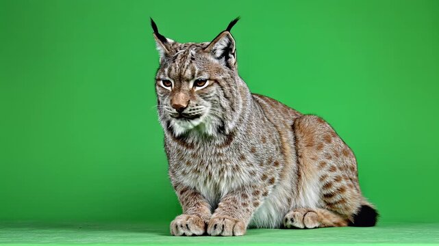 Eurasian Lynx Sits Looking Right on Green Screen Studio Shot