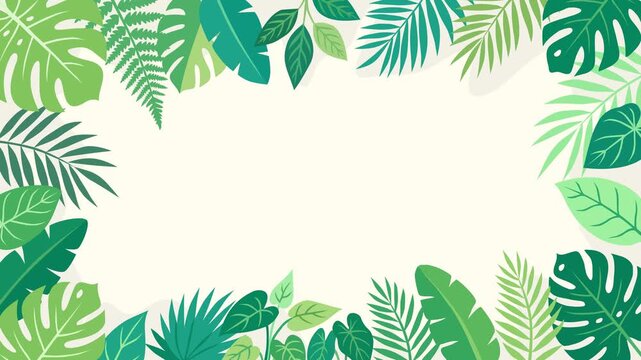 Tropical leaves frame animation with copy space. Flat vector motion graphics of various jungle plants and palm leaves on cream background. Summer seasonal video background for text.