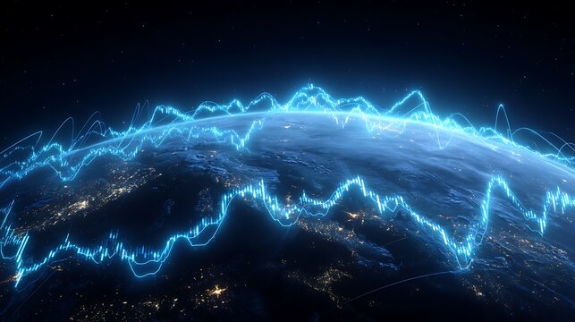 earth at night with glowing trading lines, AI analyzing global markets, stock chart overlays,