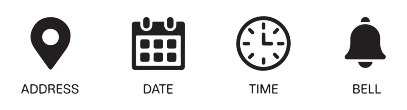 Address date time and bell icons for contact information and event notifications simple graphics.