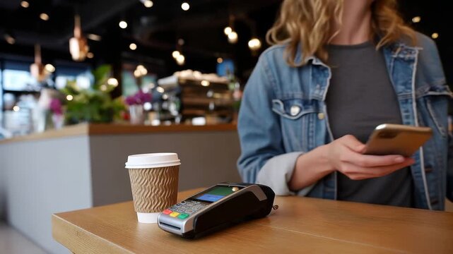 Woman making contactless payment in cafe using smartphone technology