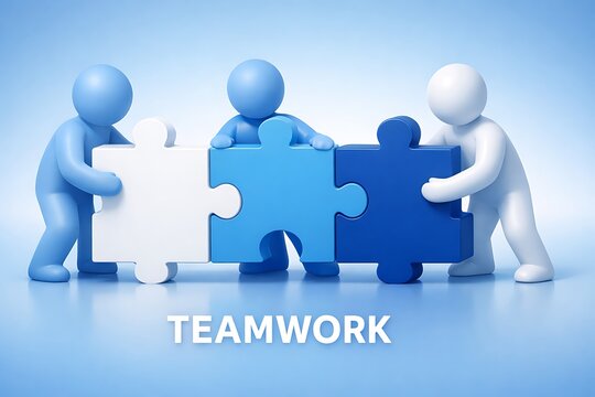 Three 3D human figures working together to complete a puzzle
