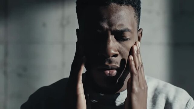 Man Experiencing Emotional Distress and Headache in Dark Concrete Setting