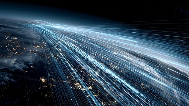global high frequency trading network, fast moving light trails across earth, ultra speed data flow, financial technology concept