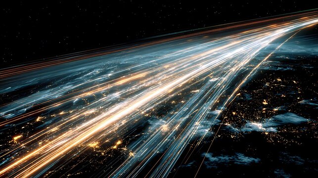 global high frequency trading network, fast moving light trails across earth, ultra speed data flow, financial technology concept