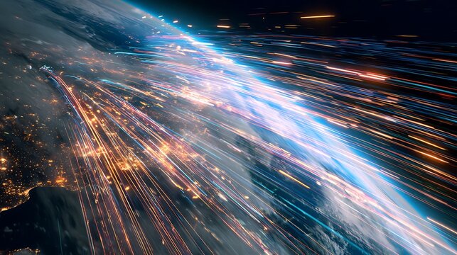 global high frequency trading network, fast moving light trails across earth, ultra speed data flow, financial technology concept