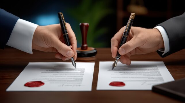 Two individuals in suits simultaneously sign legal documents sealed with red wax stamps on a wooden desk with a stamp in the background.