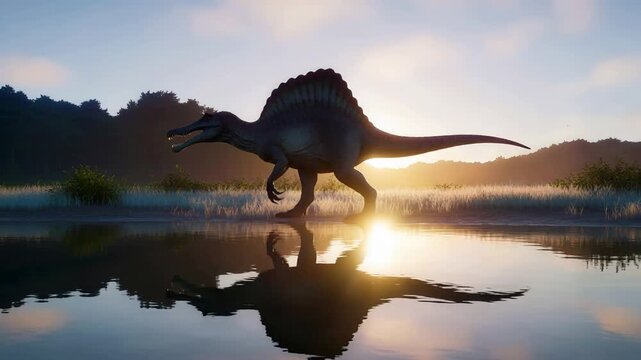 Spinosaurus walks along a prehistoric riverbank at sunset. Giant theropod dinosaur in wild habitat during the Jurassic era. Ancient wildlife nature landscape.