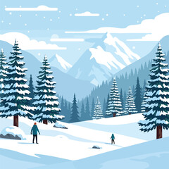 Snowy mountain landscape with trees and people © Jalilun