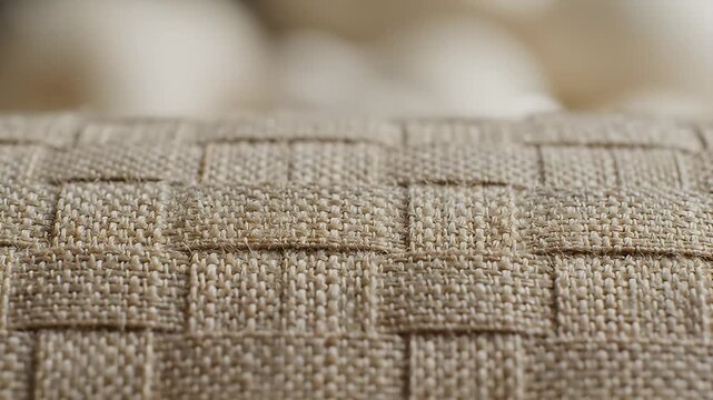 Close-up macro shot of natural beige woven fabric texture woven basket weave pattern detailed textile background