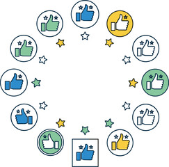 Fototapeta premium Circular Thumbs Up Like Icons Composition Vector, Social Media Approval Symbols Arranged in Round Pattern with Stars, User Feedback Concept in Flat Style