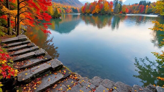Serene Autumn Landscape with Colorful Foliage Reflecting in a Calm Lake
