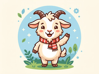 Fototapeta premium Cute cartoon baby goat character wearing a scarf.