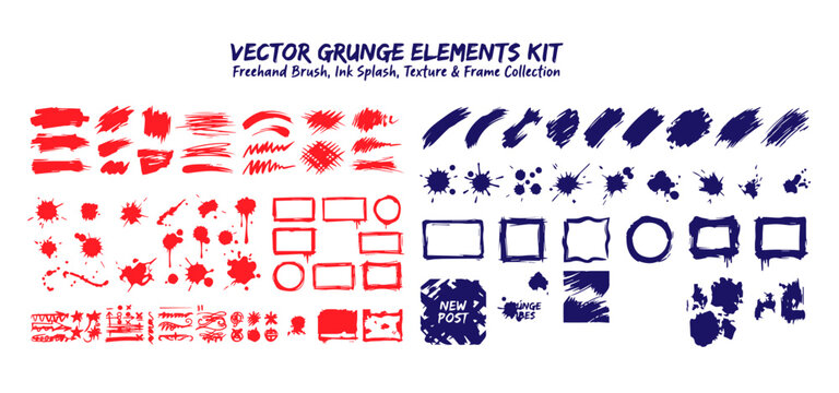 set of grimy decorative elements, ink splashes, and vector paintbrush strokes. Freehand illustration using a grung b Black watercolor splatter, texture, frame and abstract background for social media.