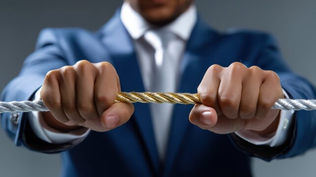 A person in a suit grips a gold and silver rope tightly, symbolizing strength, unity, or teamwork.