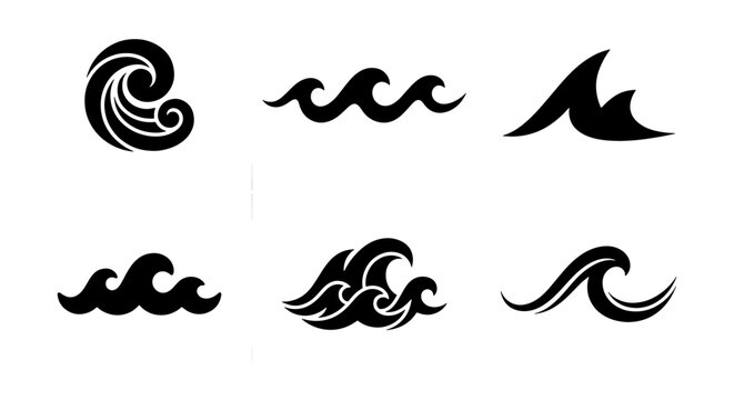 Set of 6 Black Wave Icons, Stylized Ocean Swells, Marine Water Symbols, Aquatic Design Elements, Nautical Vector Graphics, Sea Surfs