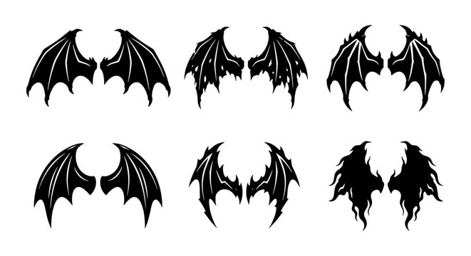Gothic Bat Wings Vector Set, Dark Fantasy Devil Wings Collection, Spooky Halloween Creature Emblems, Black Silhouette Wing Icons