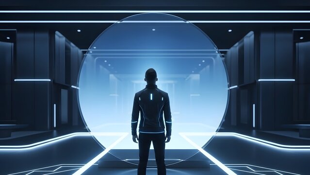 Silhouette of a person standing in front of a glowing portal in futuristic