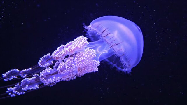 Glowing purple jellyfish swimming in deep dark blue water