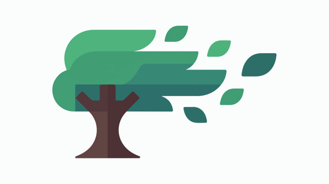 Green tree bending in strong wind with falling leaves vector design