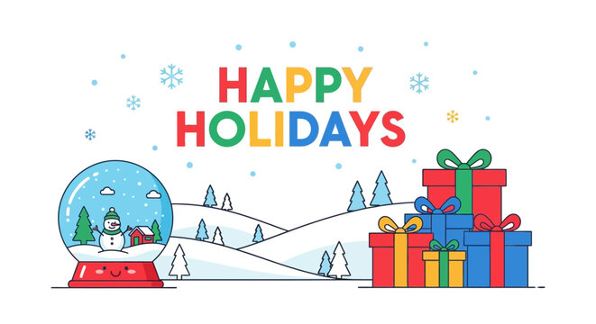 Festive holiday greeting card with snow globe and colorful gift boxes in winter landscape.