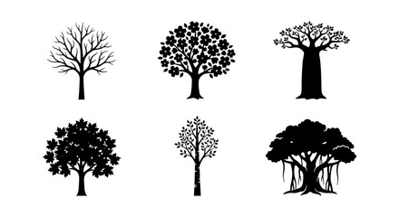 Diverse Tree Silhouettes Collection, 6 Vector Icons for Nature and Seasons, Black and White Botanical Art © Nodi
